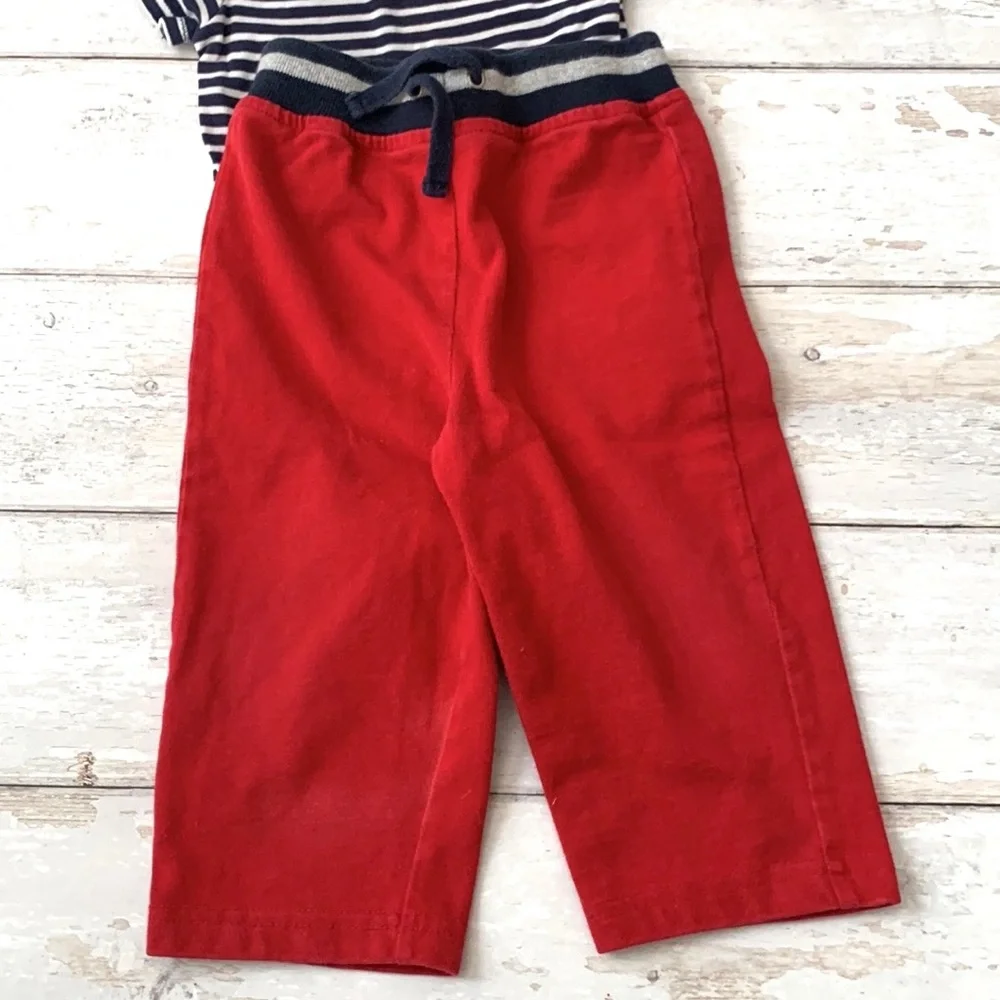 Carters 12m Baby Outfit Navy Blue Stripes Onesie Red Pants Sweatpants Kids Set